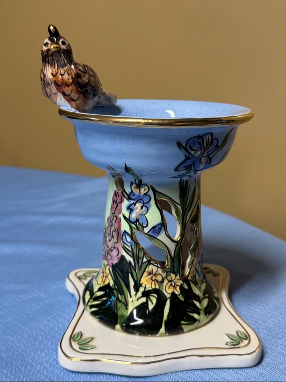 Blue Sky Heather Goldminc Tealight Wax Warmer Birdbath 2002 ROBINS SONG w/plate